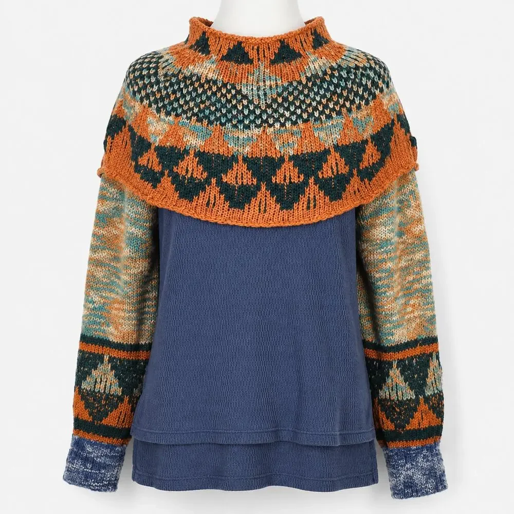 Free People Layered Fair Isle Sweater Women's Small S Orange Blue Knit